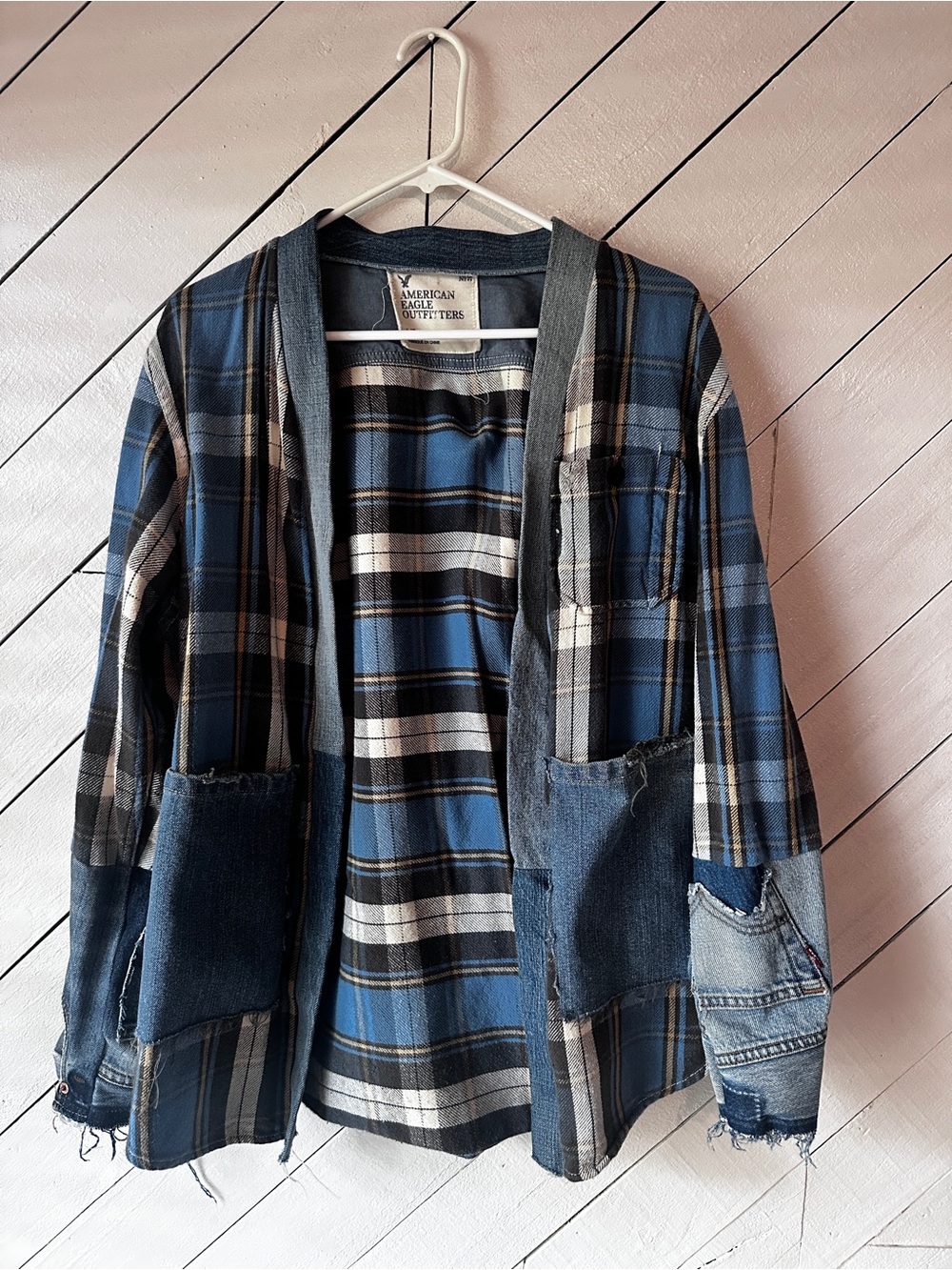 American Eagle Outfitters Blue Plaid Patchwork Shirt Jacket